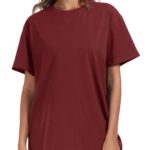 PRIMODA Womens Oversized Short Sleeve T Shirts Trendy Crew Neck Loose Workout Tee Casual Summer Tops Cotton(Burgundy L)