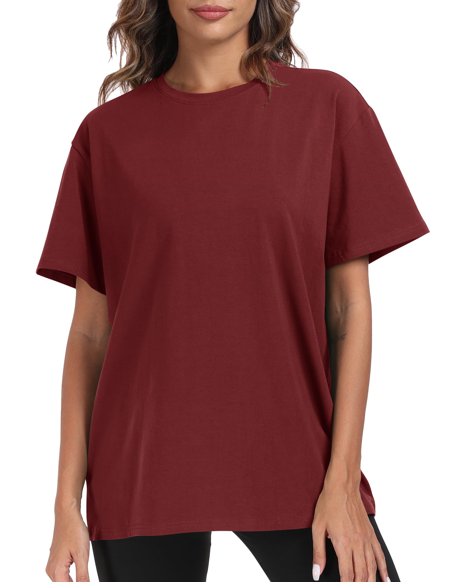 71aBNJeAJKL.jpg PRIMODA Womens Oversized Short Sleeve T Shirts Trendy Crew Neck Loose Workout Tee Casual Summer Tops Cotton(Burgundy L) - Image 1